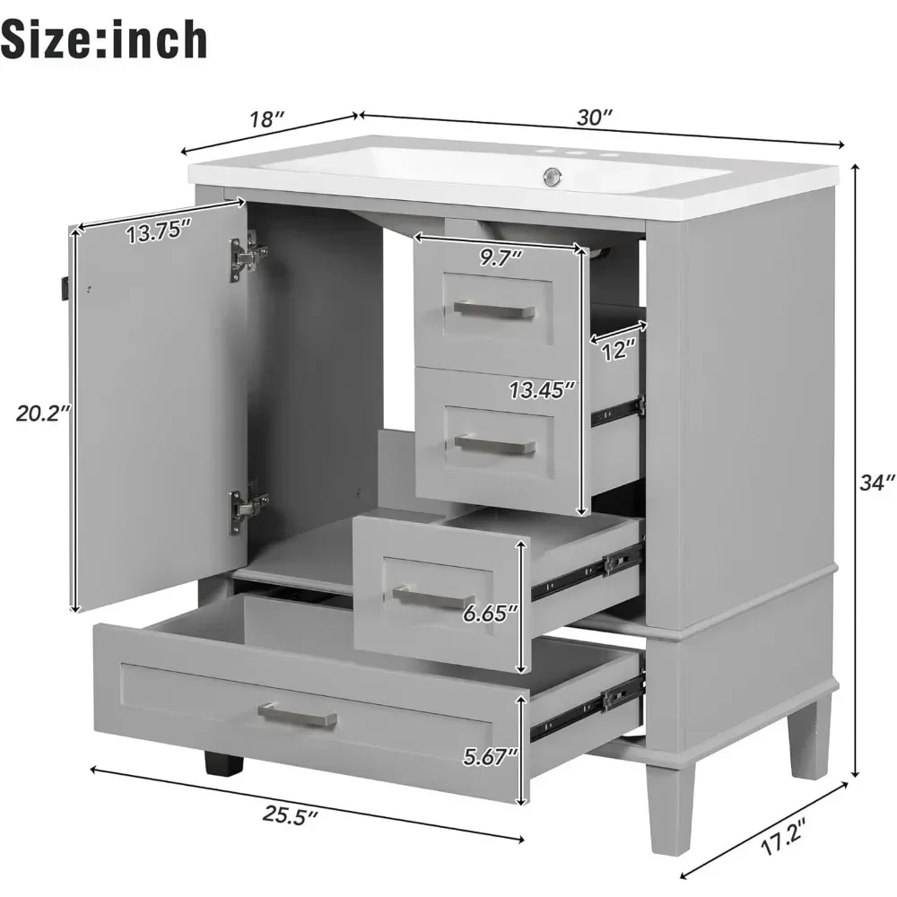 Vaidade do Banheiro Merax com Sink Top Combo, Armário Moderno com Porta de Fechamento Suave, 3 Gavetas, Cinza, 30 polegadas