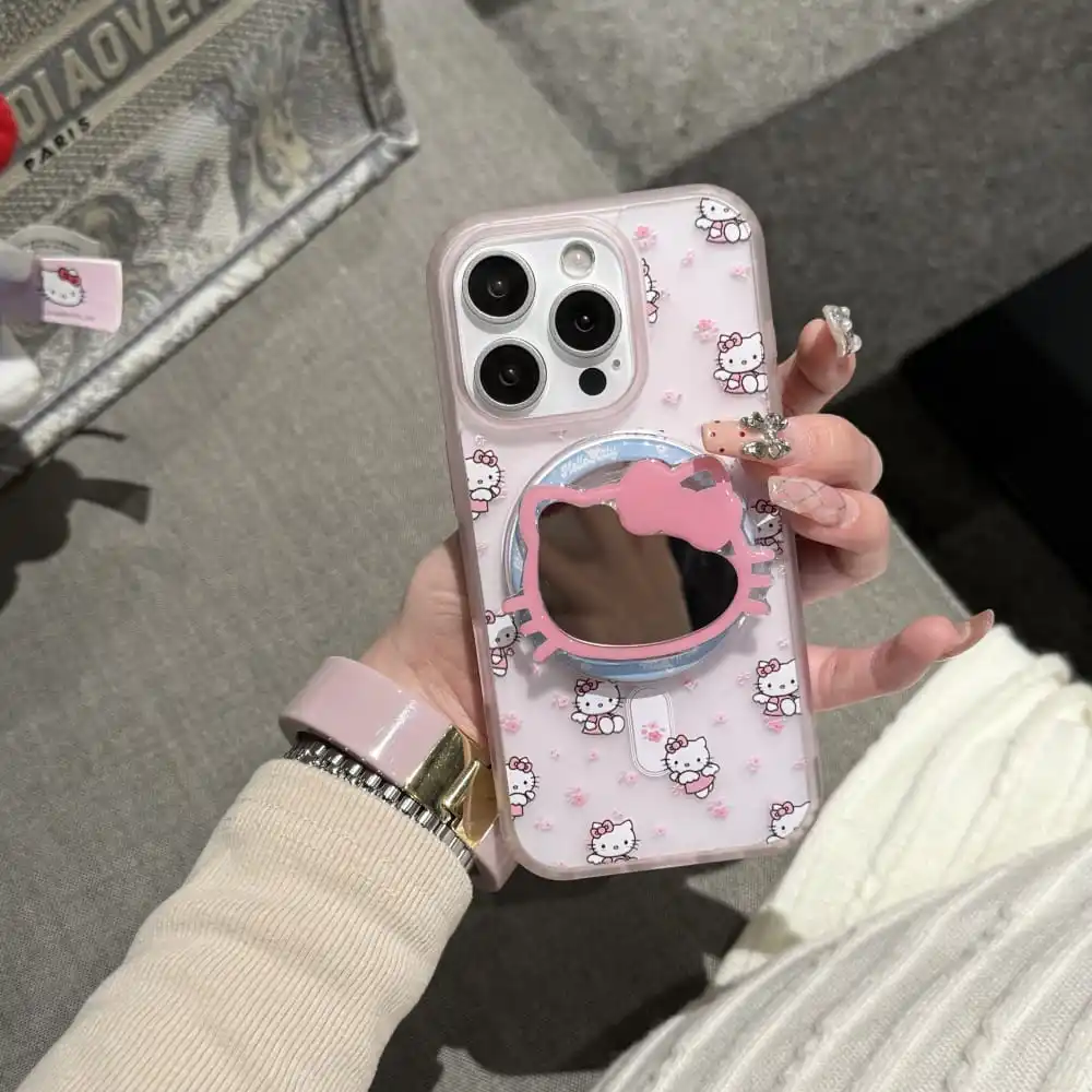 Hot Cute Cartoon Role Hello Kitty Phone Case for Iphone 13 14 15 16 Pro Max Soft Anti-fall Protect Cover with Magnetic Bracket