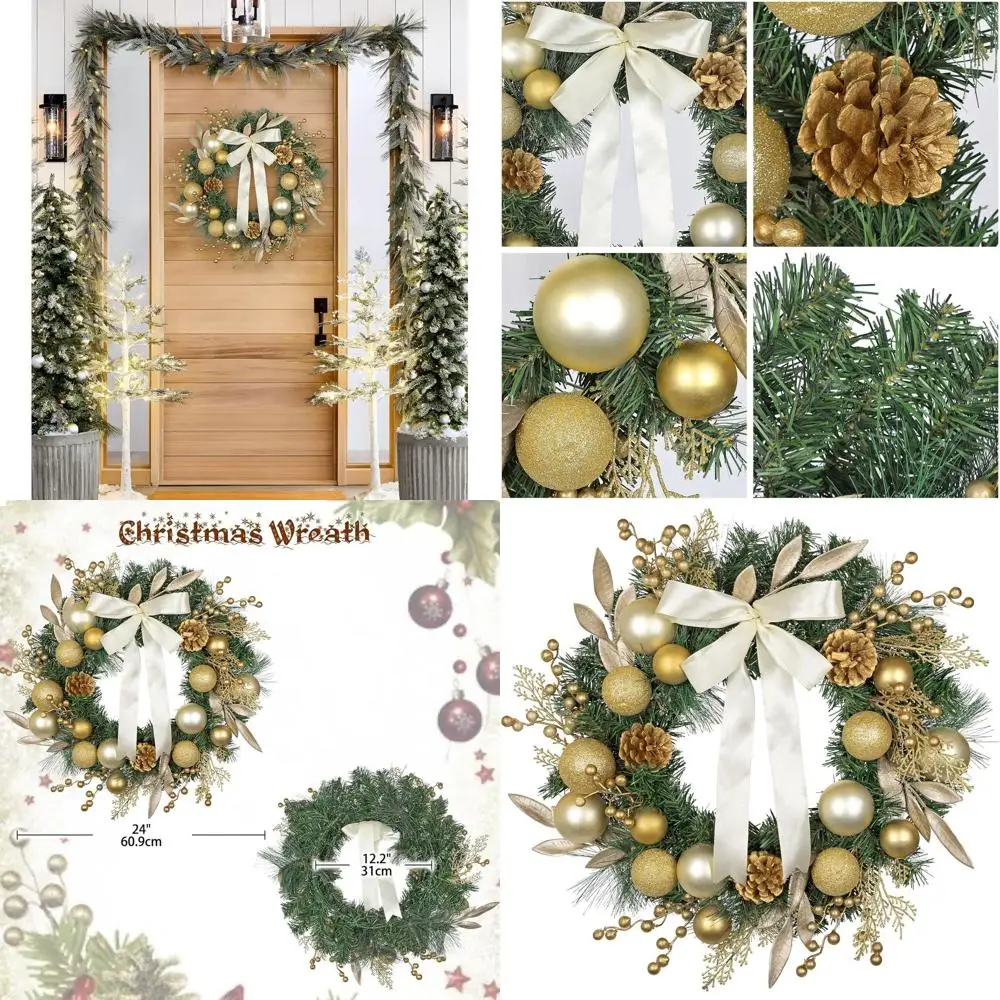 

Большой рождественский венок из 24-го золота с бантиком из шампанского, блестящими листьями и шишками для дверей, камина и декора в помещении/на открытом воздухе