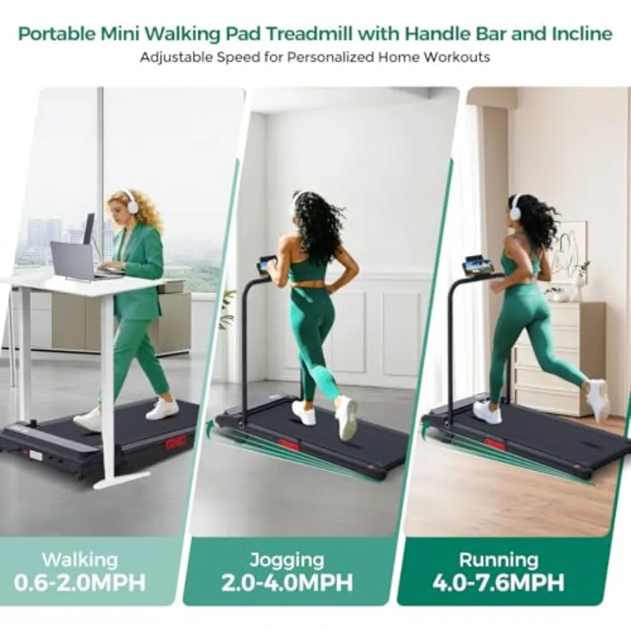 Under desk walking pad treadmill with handle bar and incline for home use black ABS plastic 0.6-7.6MPH speed range 350LBS ccity