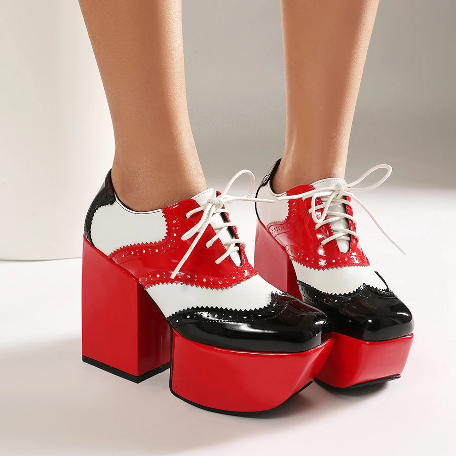 Plus Size 44 45 46 Spring New Gothic Thick Platform Retro Brogues Pumps Square Toe Cross Tied Chunky High Heels Punk Ankle Shoes