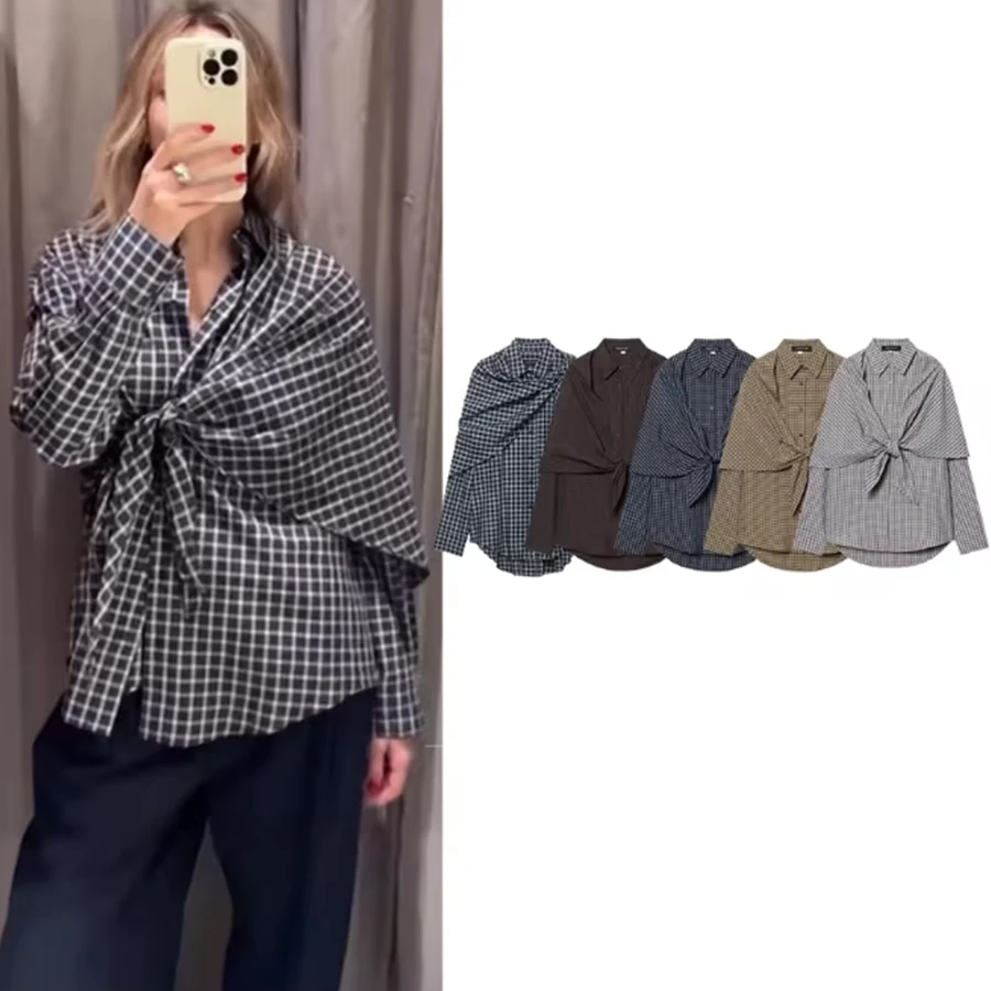 Women Spring Plaid Shirt Women Cape Scarf Button-Up Casual Layered Female Single Breasted Long Sleeved Shirt