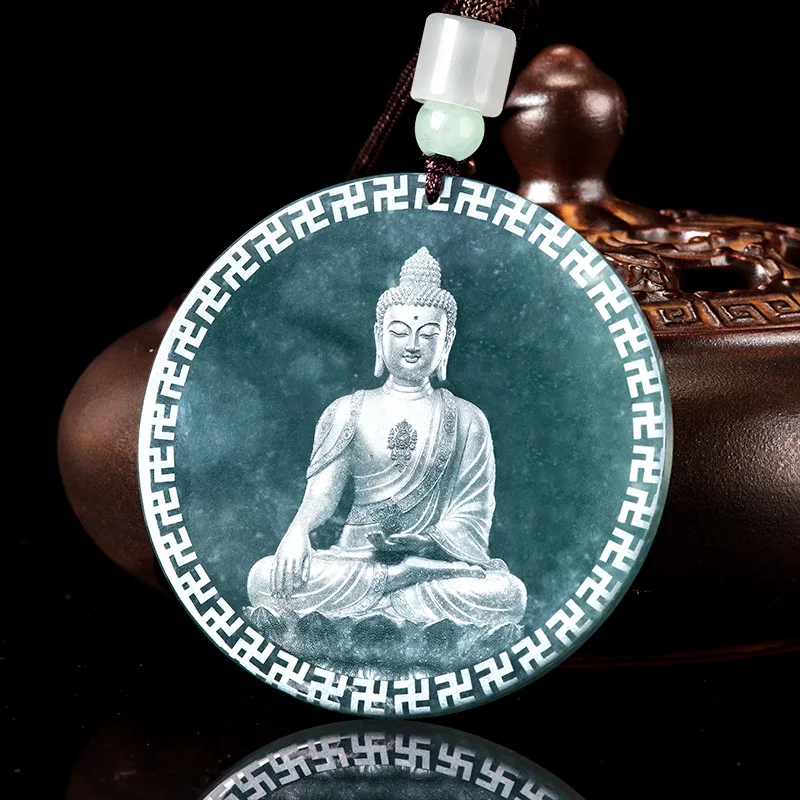 Natural A-grade Jadeite Blue Water Shadow Sculpture Statue Tathagata Buddha Ice Seed Jadeite Pendant Men's Gifts Women's Jewelry