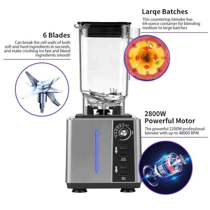 Hot 1.8L Stainless Steel Table Blender with 1800W Variable Speed Glass Jar for Fruit Juice-for Household and Hotel Use