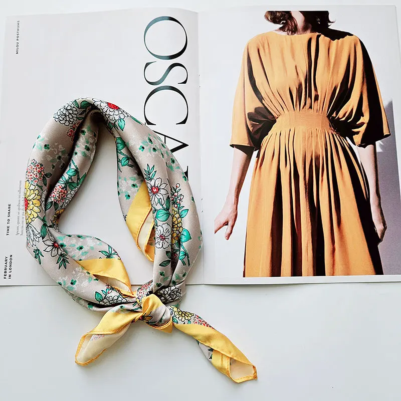Yellow Border Floral Print 100% Pure Silk Scarf For Women Lightweight Soft Spring Summer Neck Scarf Fashion Casual Party Travel