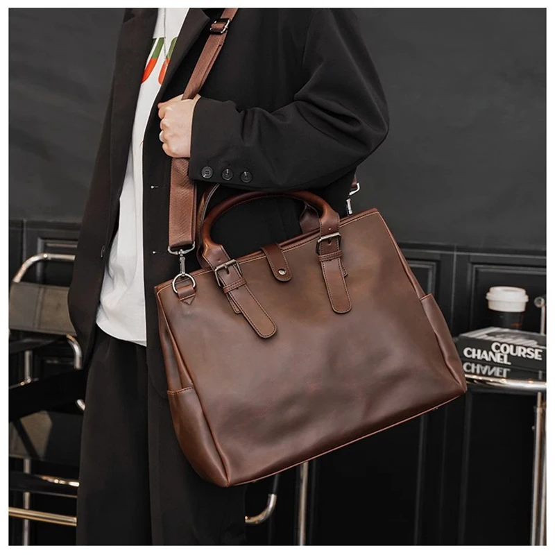 Vintage Aktentasche Für Männer Große Kapazität PU Leder Laptop Büro Casual Schulter Handtasche Tote Messenger Business Tasche Männlich