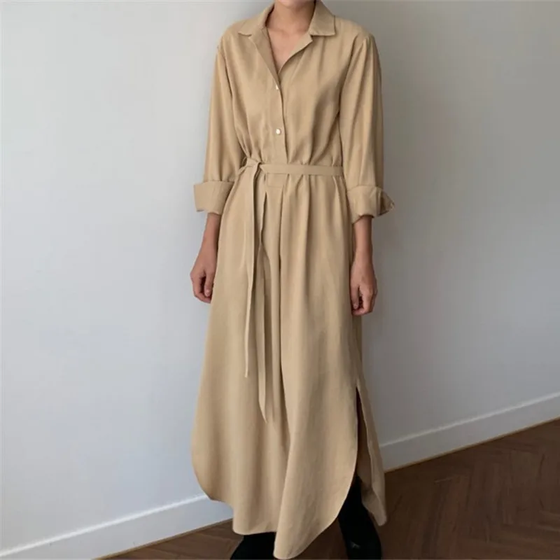 Johnature New Korean Women Bandage Shirt Dresses 2024 Autumn Turn-down Collar Loose Botton Full Sleeve Solid Color Female Dress