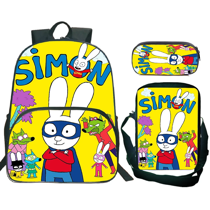 3pcs/set Simon Super Rabbit Print School Backpack Girls Boys Cartoon Schoolbag Student Travel Bag 16inch Kids Bookbag Mochila