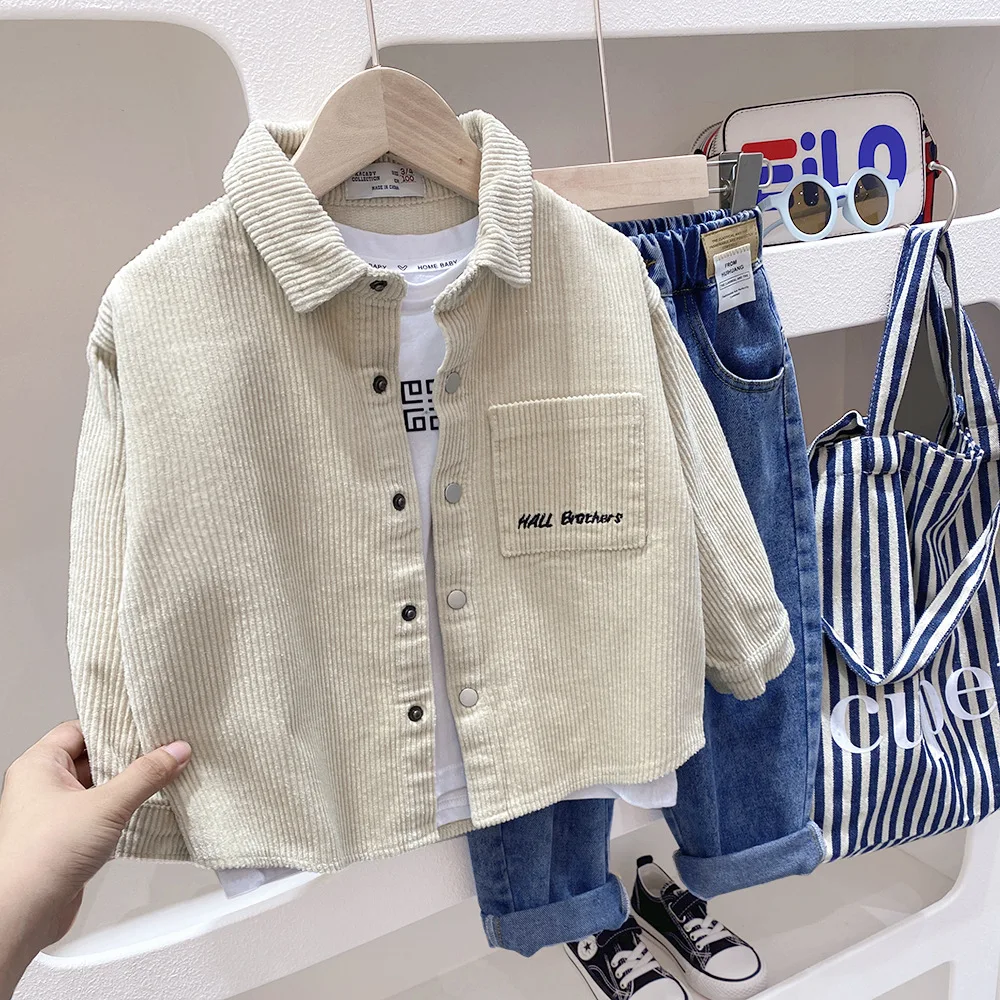 Children Boys Corduroy Outerwear Spring Autumn New Single Breasted Pit Striped Letter Print Kid Boys Jacket Students Boys Coats