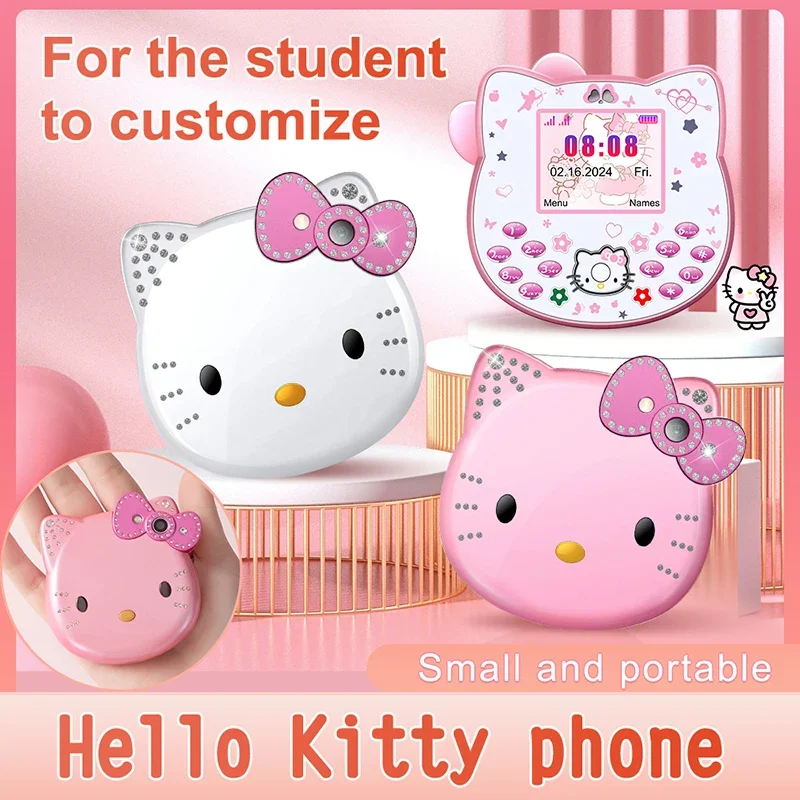 

2024Hot miniso Hello Kitty Kawaii Mini Flip Phone I68 Girl Mobile Phone Student Anime Music Mobile Phone Kid Birthday Gift