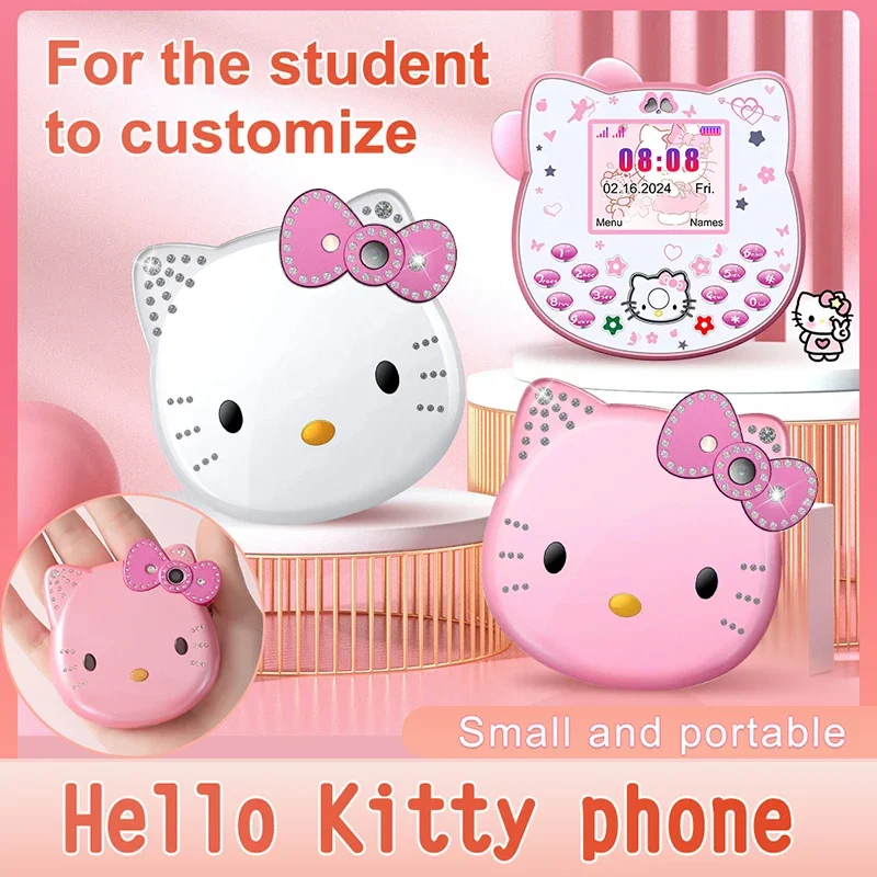 2024Hot miniso Hello Kitty Kawaii Mini Flip Phone I68 Girl Mobile Phone Student Anime Music Mobile Phone Kid Birthday Gift