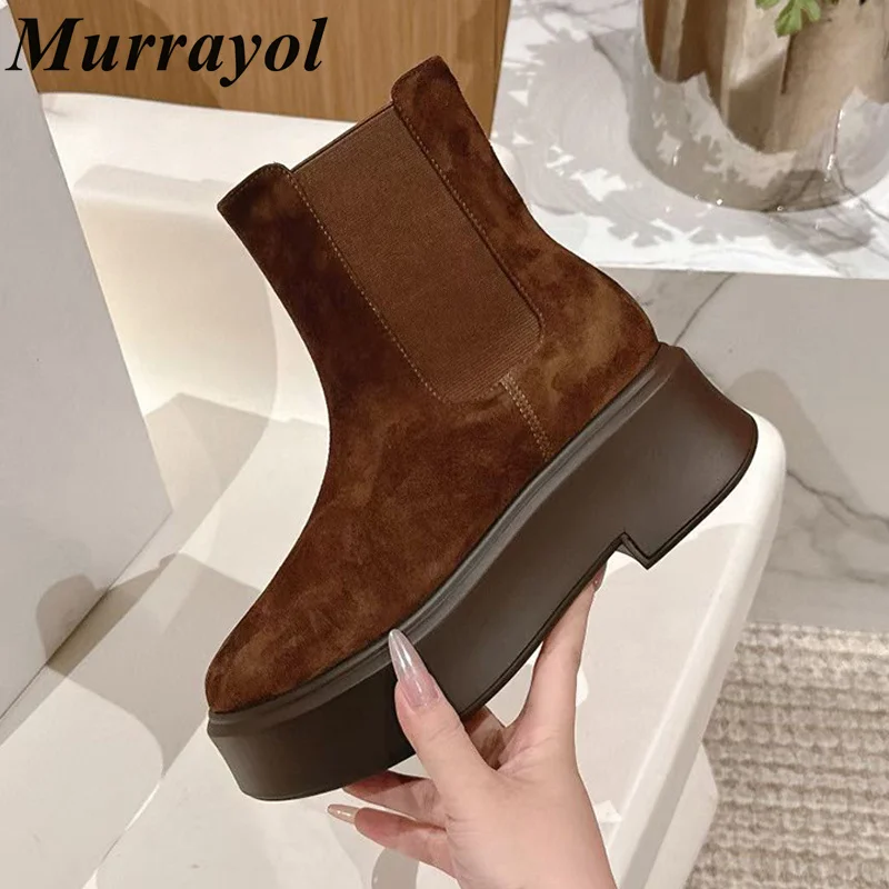 Cow Suede Thick Sole Elastic Band Splicing Short Boots Women Front Zipper Design Ankle Botas  Autumn Winter Retro Riding Boots