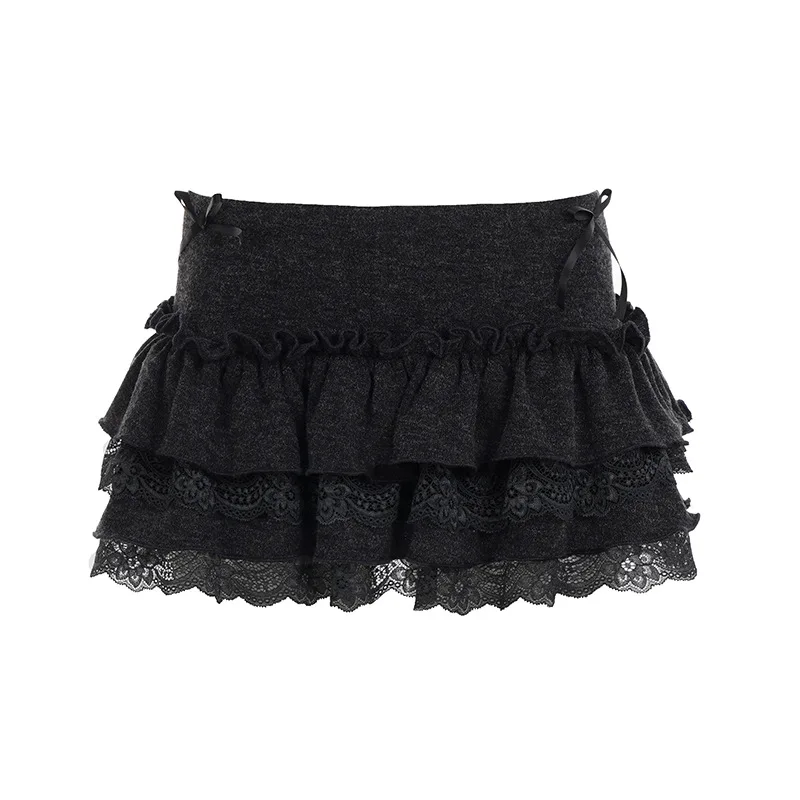 Spice Girls Lace Fluffy Cake Short Skirt Women 2026 Spring New Bow Low Waist Grey Skirt