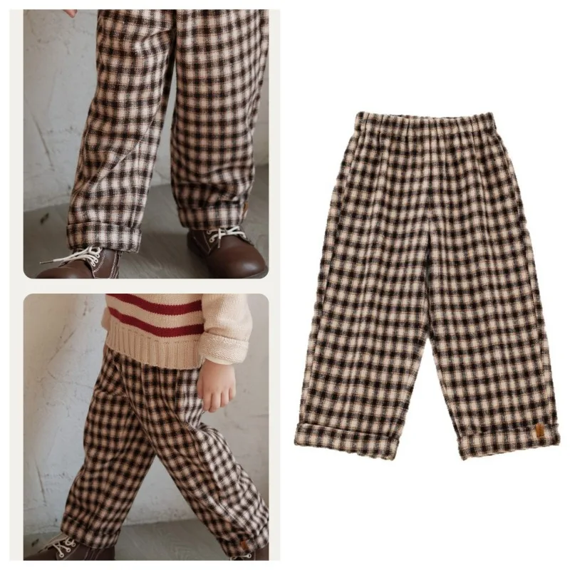 

Winter Boys Pants Loose Retro Baby Boy Trouser Autumn Kids Pants Girl Woolen Plaid Casual Trousers Girls Wide Leg Pant
