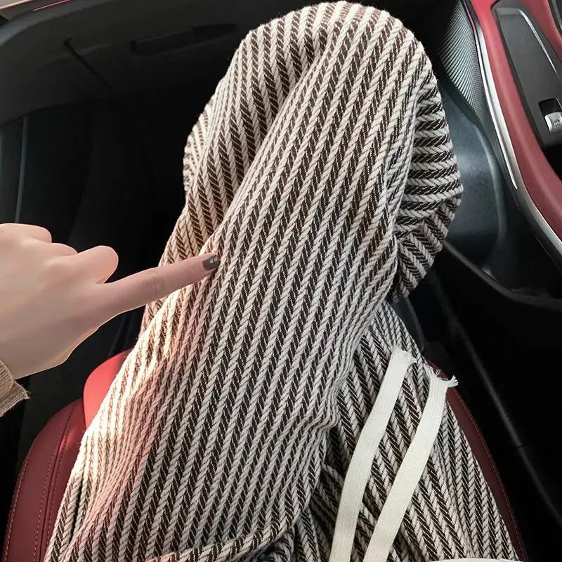 Spring Autumn Pants Women Retro Striped Knited Casual Daily Simple High Waist Wide Leg Trousers Stylish Temper Female All-match