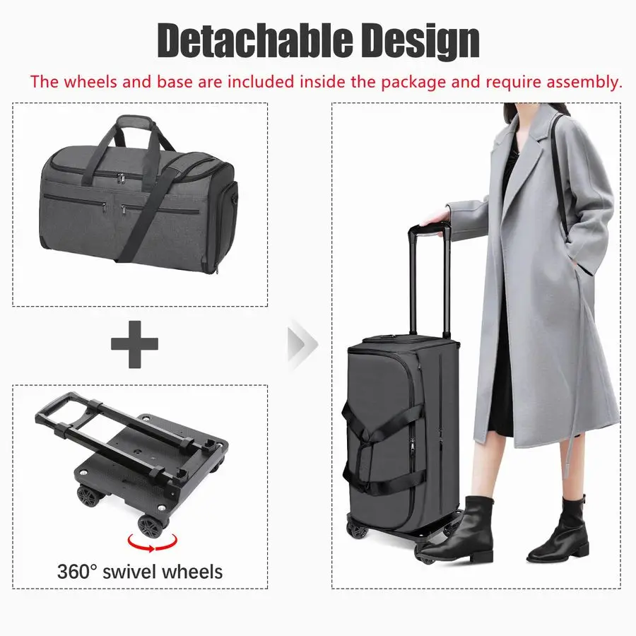 ホイール付きガーメントバッグ、靴収納付きローリングトラベルガーメントダッフルバッグ、男性用コンバーチブル3 in 1スーツドレスバッグ