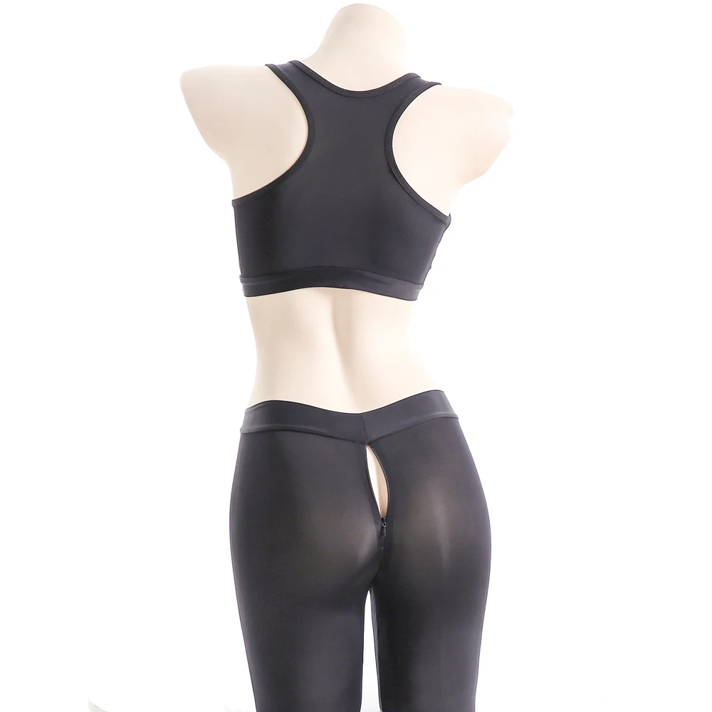 AniLV Womem Sports Yoga Clothes Set Erotic Zipper Crotch Open Pants Sexy Lingerie Temptation Pajamas Erotic Costumes