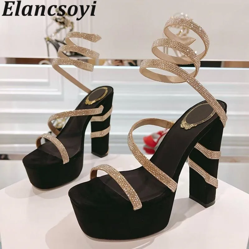 High Heels Platform Sandals Women Shiny Crystal Ankle Snake Shaped Winding Gladiator Sandalias Summer Sexy Party Banquet Shoes