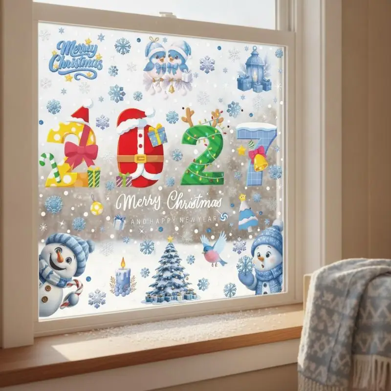 4/5 Sheets Snowman Reindeer Santa Claus Christmas Tree Static Cling Decals 2027 Merry Christmas Decor Window Stickers For Home
