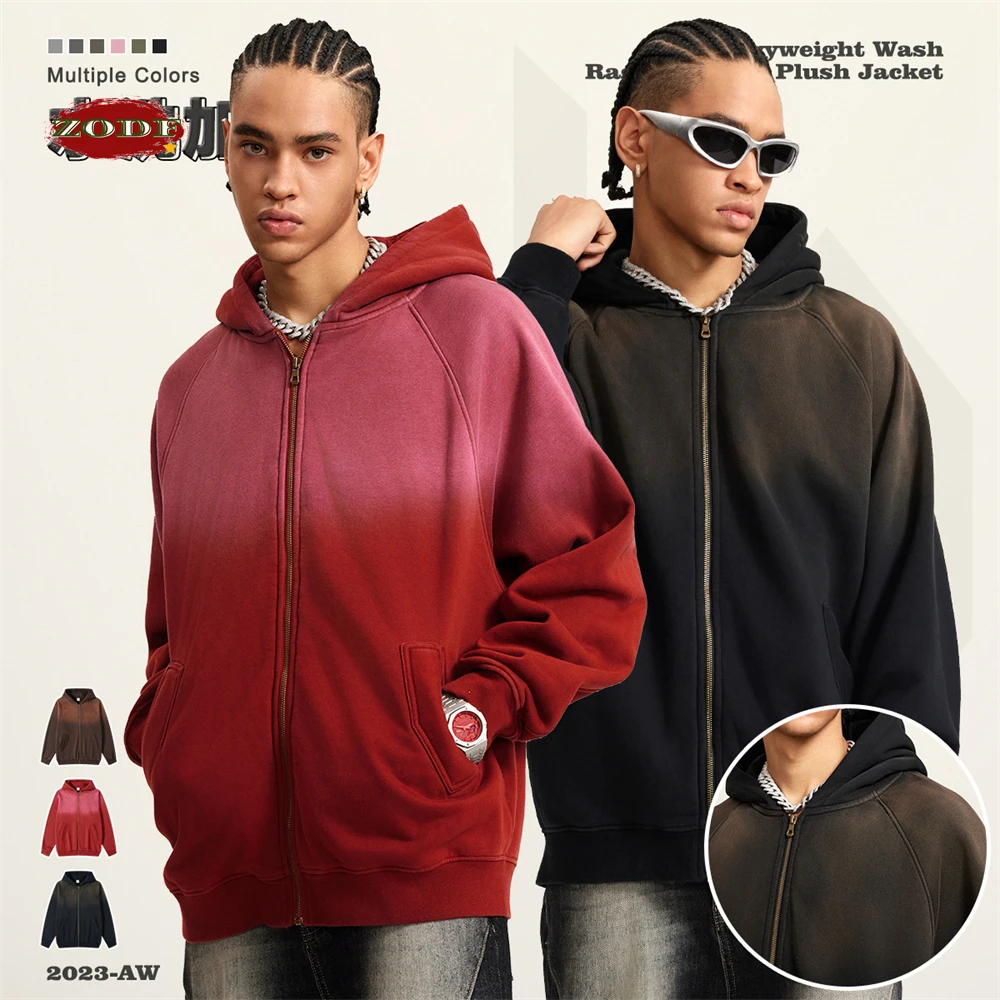 

ZODF 2023 Winter Monkey Washed Fleece Zipper Hoodies For Men Unisex Retro Oversized 370gsm Thick Warm Hooded Coats HY0658