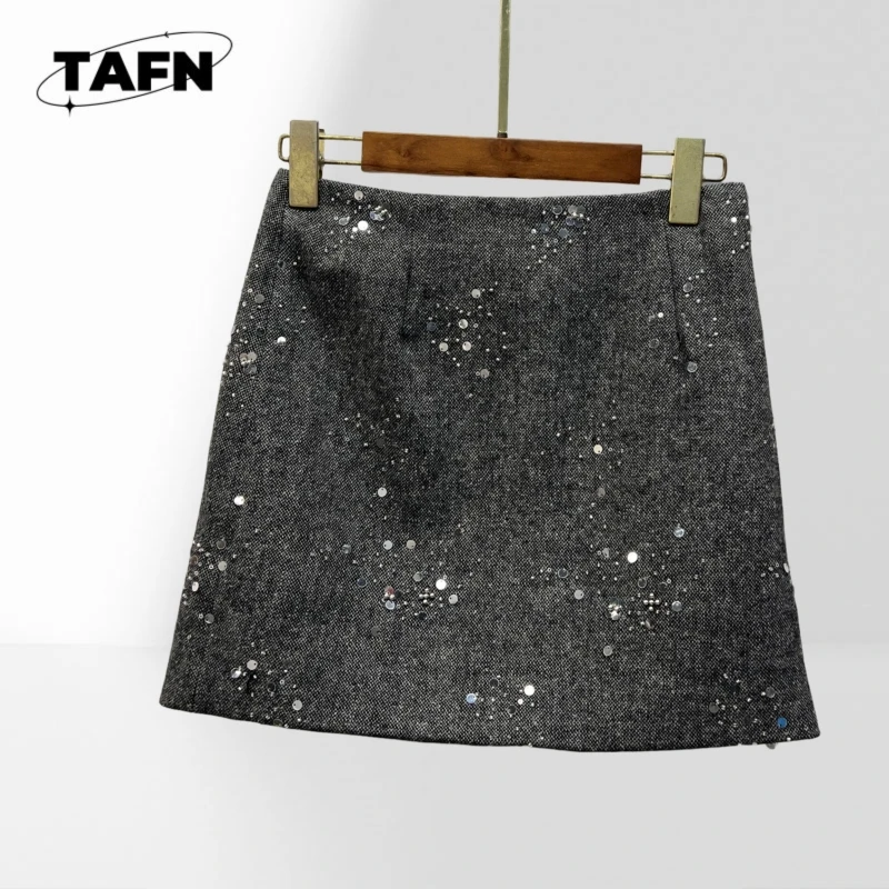 Woolen fabric Tweed Mini Skirt Sequin Embellished High Waist A‑Line Short Skirt Solid Dark Grey Zipper Elegant  BH1901