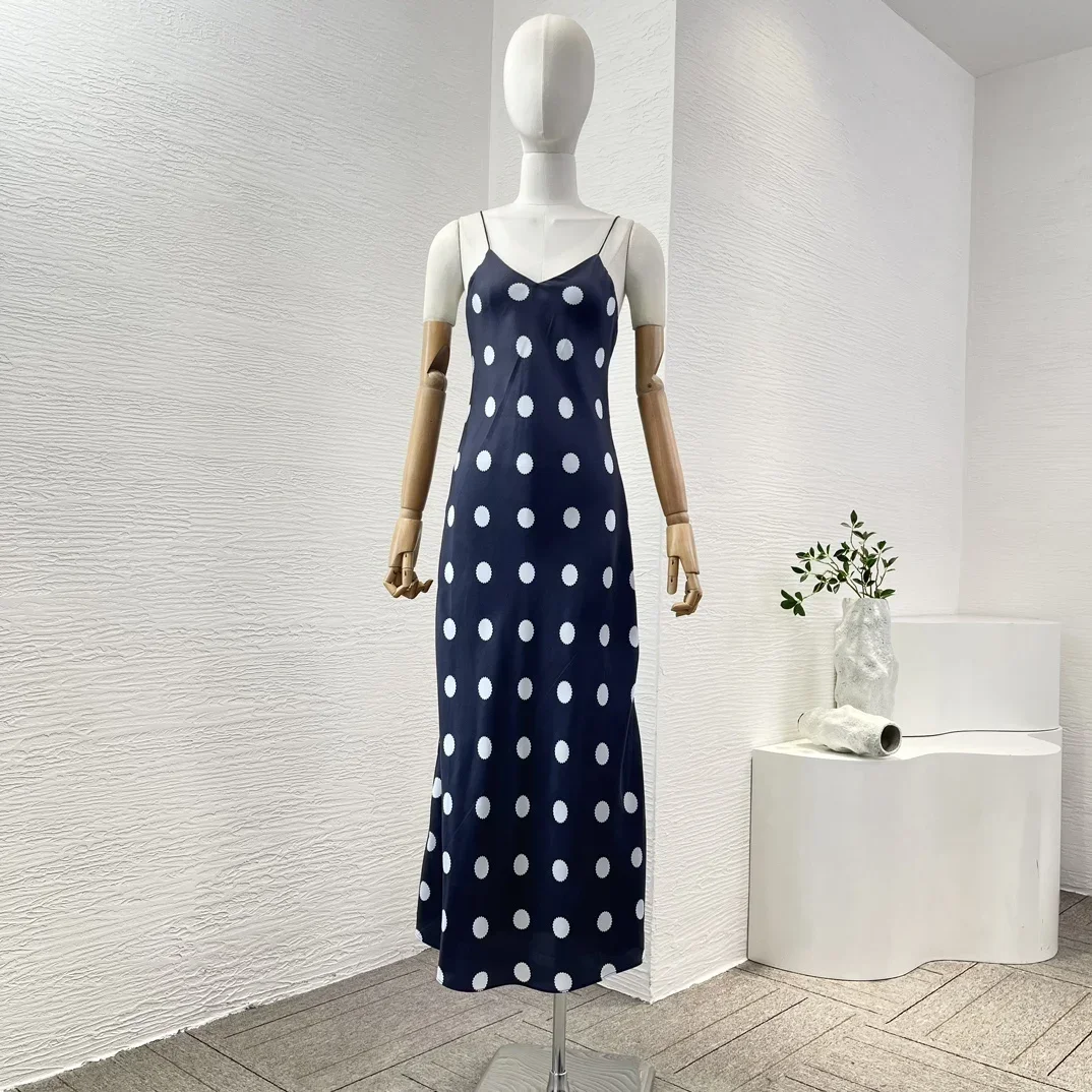 2024 New Silk High Quality Navy Blue Polka Dots Print Sling Sleeveless Midi Dress