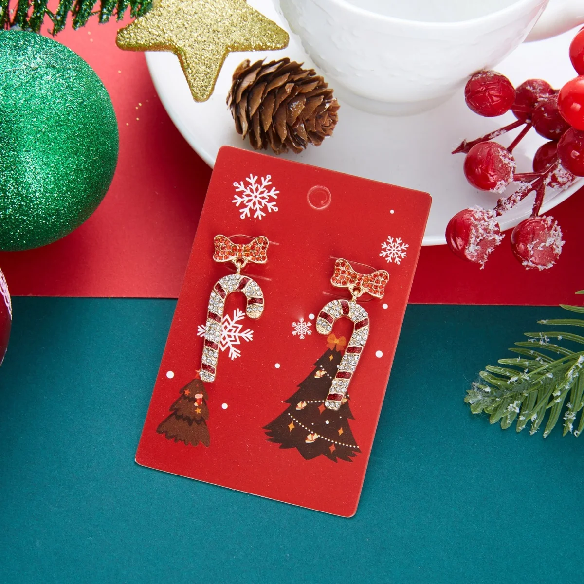 Weihnachts-Strass-Stern-Weihnachtsmann-Ohrhänger für Damen, modische rote Schleifen-Weihnachtsstangen-Weinglas-Socken-Ohrringe, Neujahrs-Schmuck – Detail 27