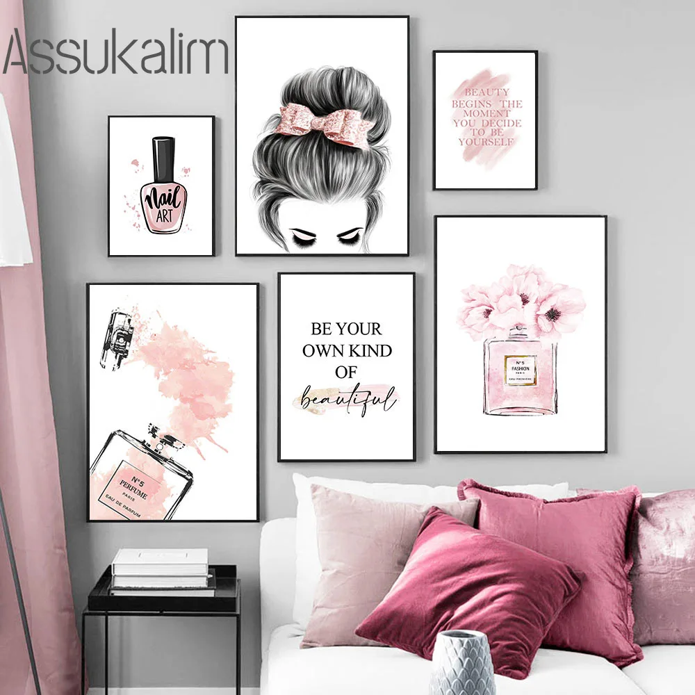Pink Canvas Poster Perfume Painting Poster Nail Polish Print Pictures Makeup Wall Paintings Nordic Posters Girls Room Decoration