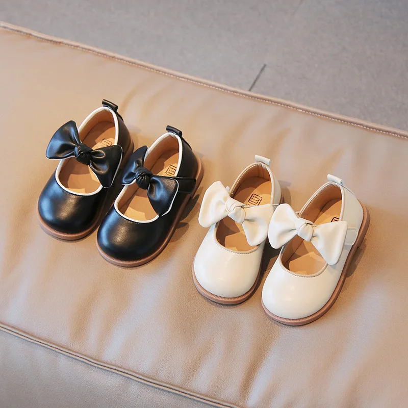 2026 Children Leather Shoes with Bow-knot Round-toe Solid Color Soft Kids Casual Shoes Sweet Princess Girls Flats Leather Shoes