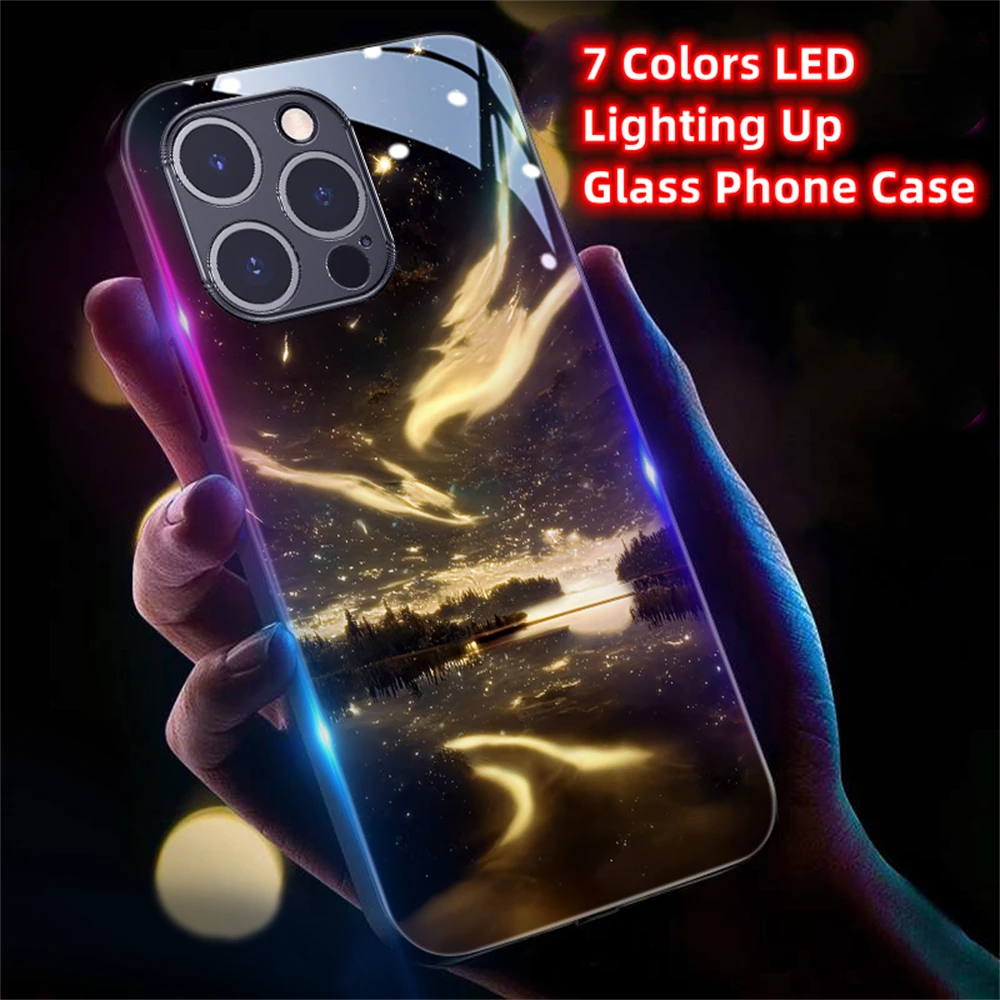 2024 Aurora Starry Sky In Norway Smart LED Light Glowing Glass Phone Case For OPPO Reno 6 8 9 10 11 12 Pro Plus Find X5 X6 Pro