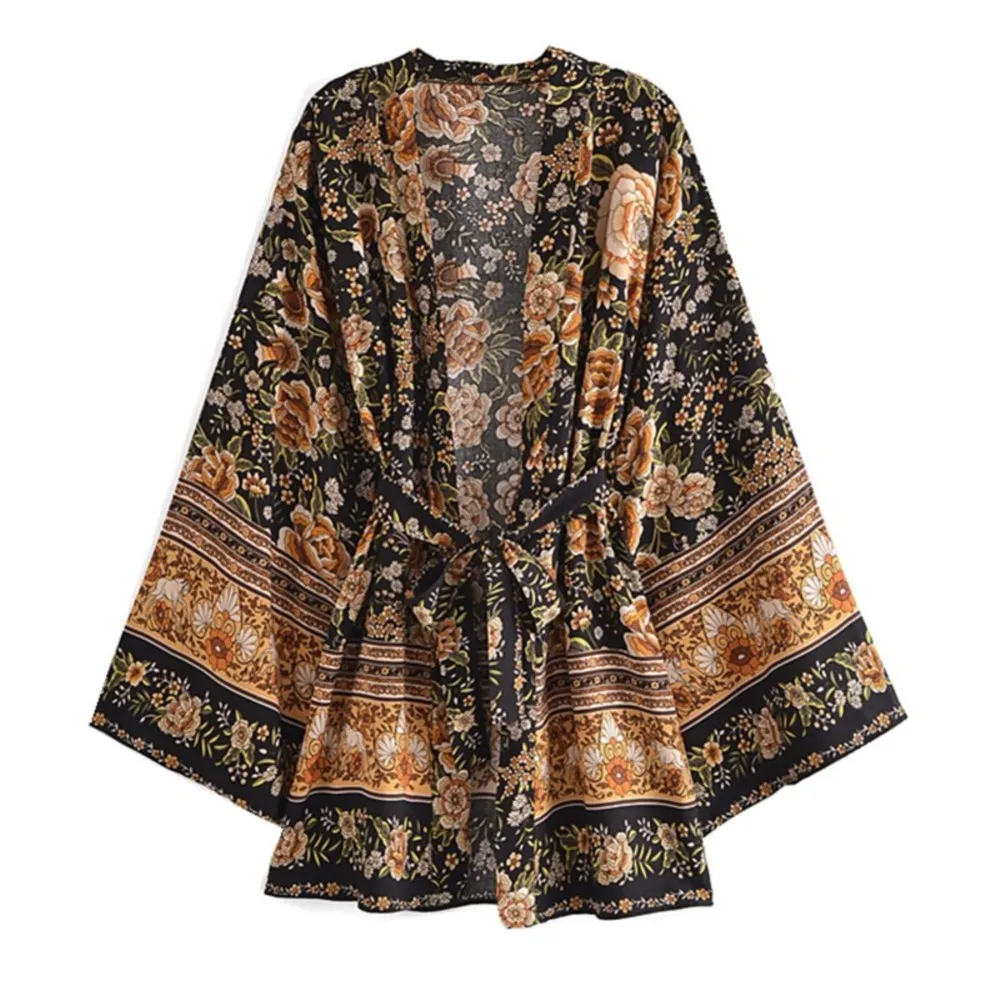 Bohemian Women Black with Brown Flower Print Kimono Shirt Holiday Beach Tie Bow Sashes Mid Long Cardigan Blouse BOHO Tops