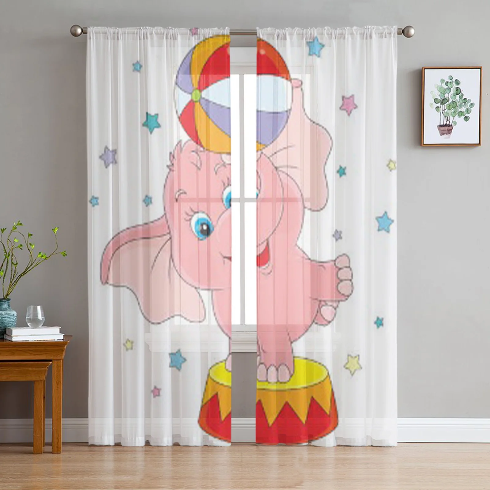 Circus Elephant With A Ball Tulle Curtain For Living Room Sheer Valance Curtain For Kitchen Bedroom Window Drapes