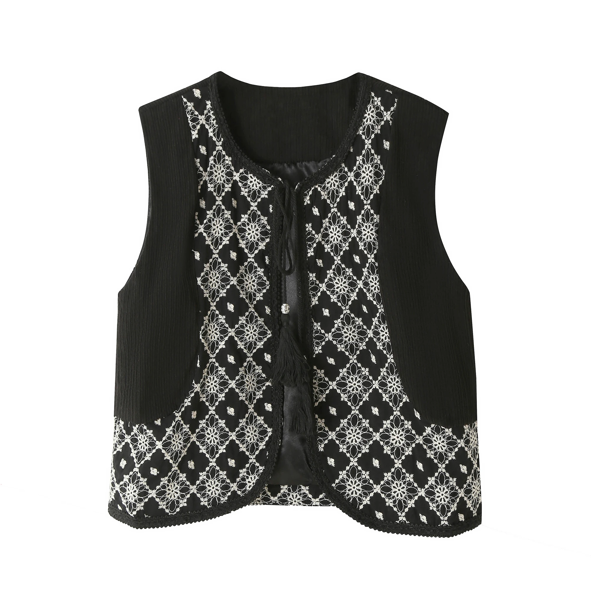 レトロな刺繍入り花柄オープンカーディガンベスト レディース 春夏 スリベルト付きレイヤリングアウターウェア ショルダーパッド付きトップス
