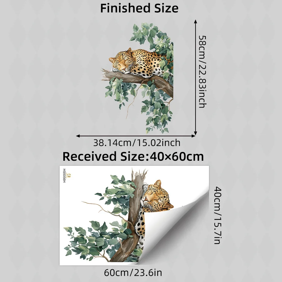 2D plan, 1 wall sticker, depicting a sleeping leopard on a tree branch, using realistic jungle elements and green leaf design. T