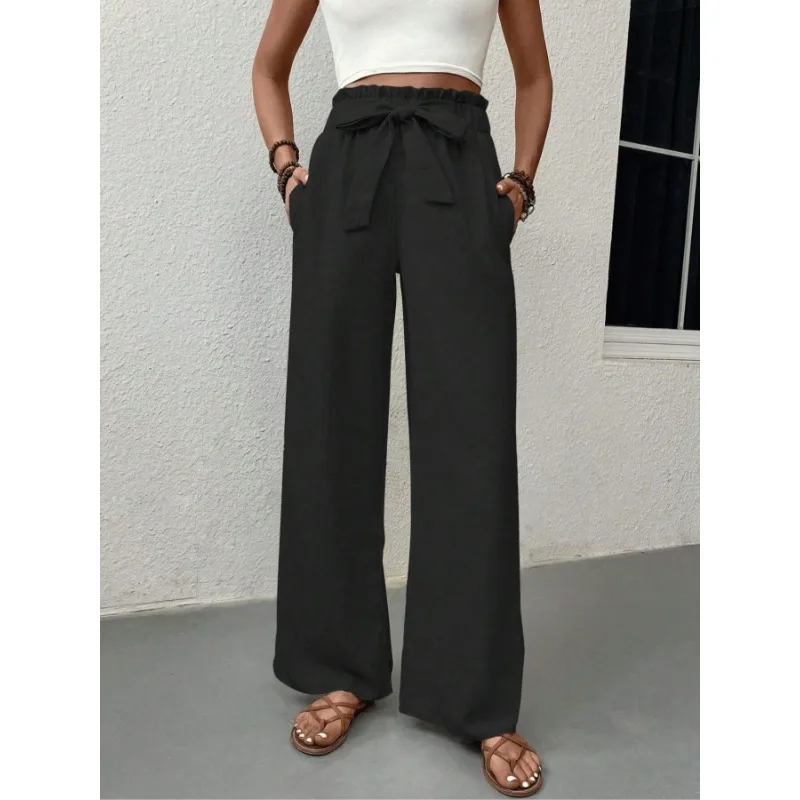 プラスサイズ 1XL-5XL 女性の新しいファッショナブルなソリッドカラーのズボンレディースレースアップウエスト多用途ストレートレッグカジュアルパンツ