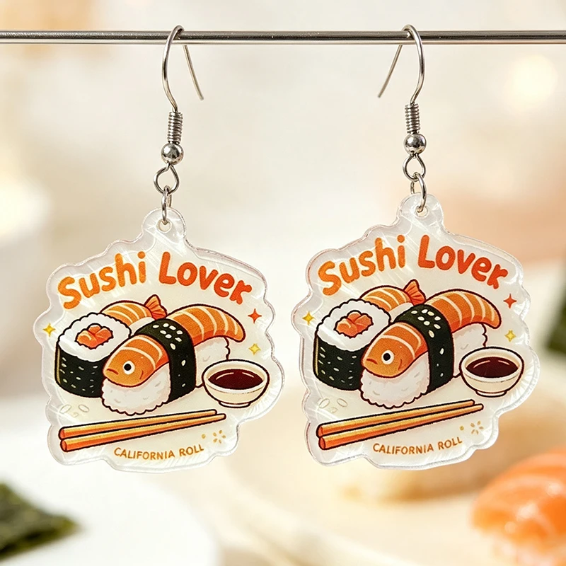 New Salmon Sushi Enthusiasts Acrylic Stainless Steel Ear hook Earrings California Roll Japanese Sushi Food Earrings