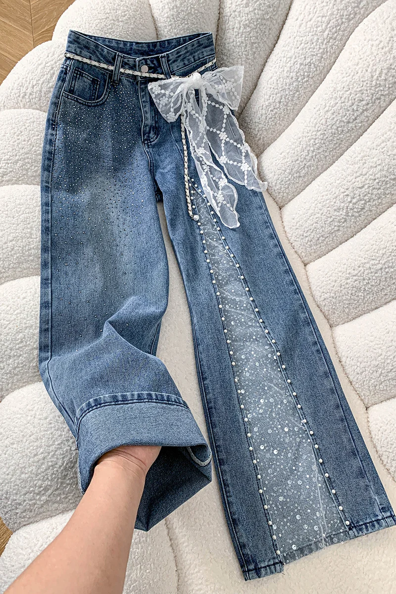 Lace Spliced Rhinestone Jeans Women Hollow Out Pearls Split Wide Leg Pants Spring Temperament High Waist Denim Drag Trousers