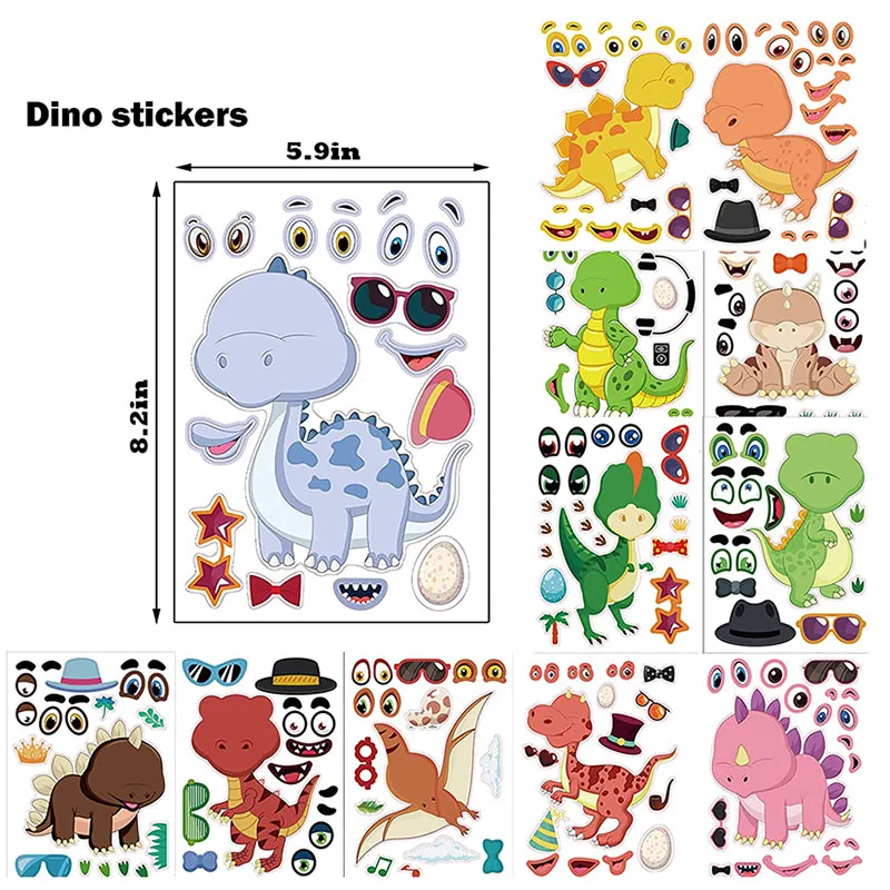 Cute Dinosaur Stickers Toys DIY Make Your Own Dino Make A Face Stickers for Kids Children Boys Girls Party Favor Birthday Gifts