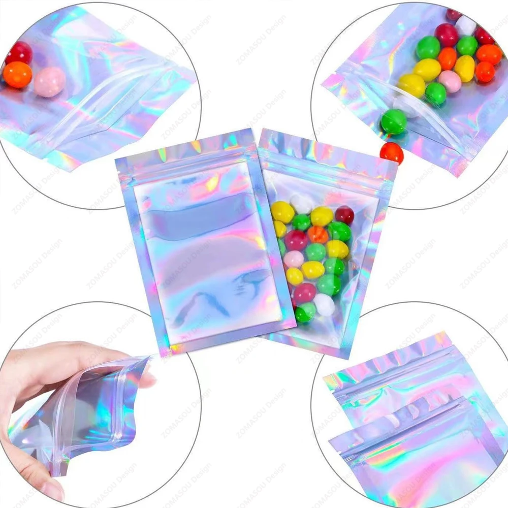 1-200PCS เลเซอร์ปิดผนึกถุงพลาสติกสี Holographic Candy อาหารกระเป๋า Resealable สร้อยคอเครื่องประดับของขวัญบรรจุภัณฑ์กระเป๋า