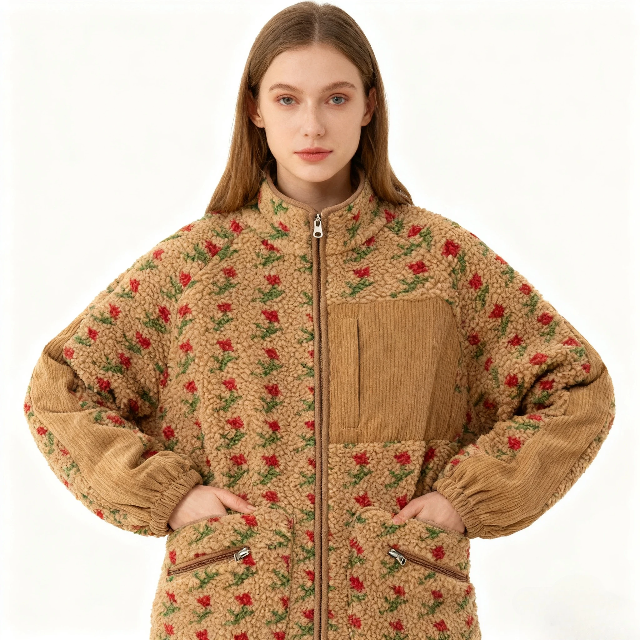 Yaminiya Mode Wolle Fleece Blume Warm Zipper Pullover Jacke Stehkragen Lose Jacke Verdickt Herbst/winter Frauen Kleidung
