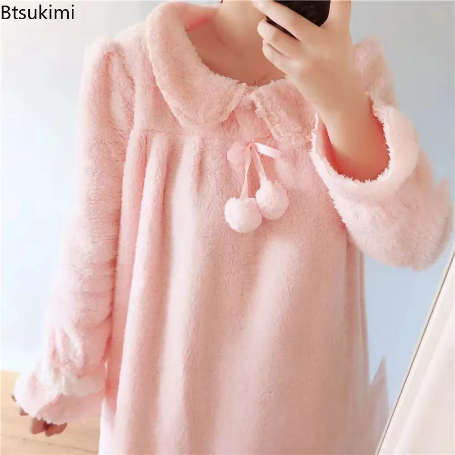 2025, Damen-Nachthemd aus dickem Flanell, Herbst und Winter, warm, einfarbig, langärmelig, Spitze, Nachtwäsche, neues süßes Mädchen-Nachthemd
