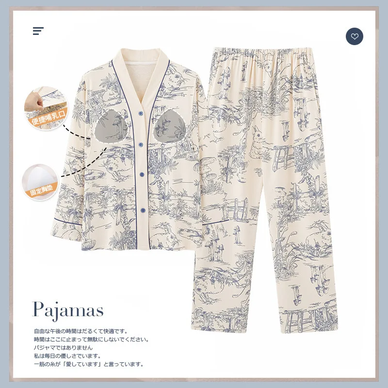 Spring Summer Cotton Maternity Loungewear Elastic Waist Confinement Sleepwear Cardigan with Padded Breast Feeding Opening