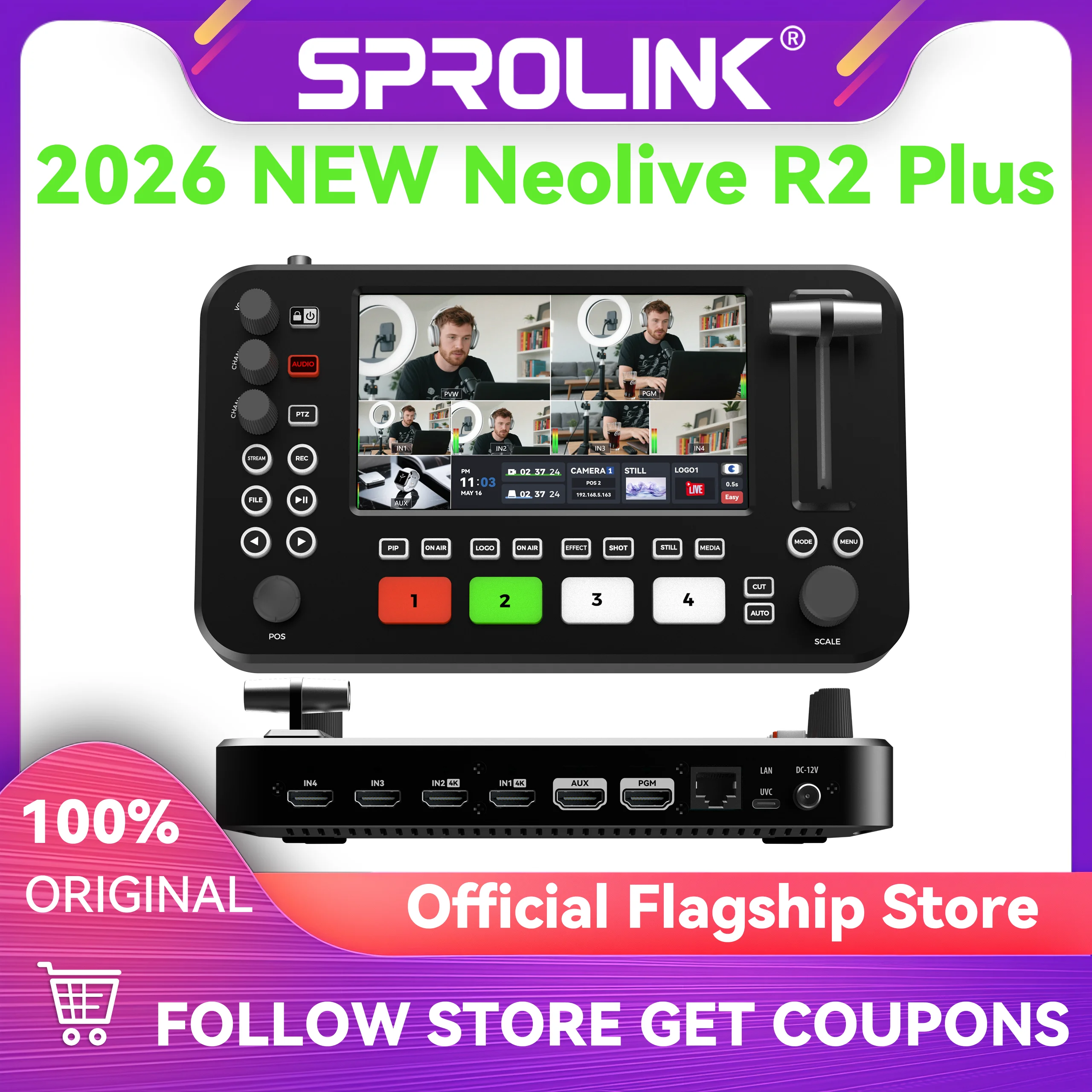 SPROLINK Neolive R2 Plus Video Switcher for Live Streaming, 4X HDMI Input Multi Camera Mixer with 5.5