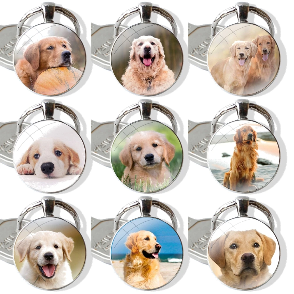 cute Golden Retriever Keychain Handmade Glass Cabochon Key Ring Holder Pendant Key Chains