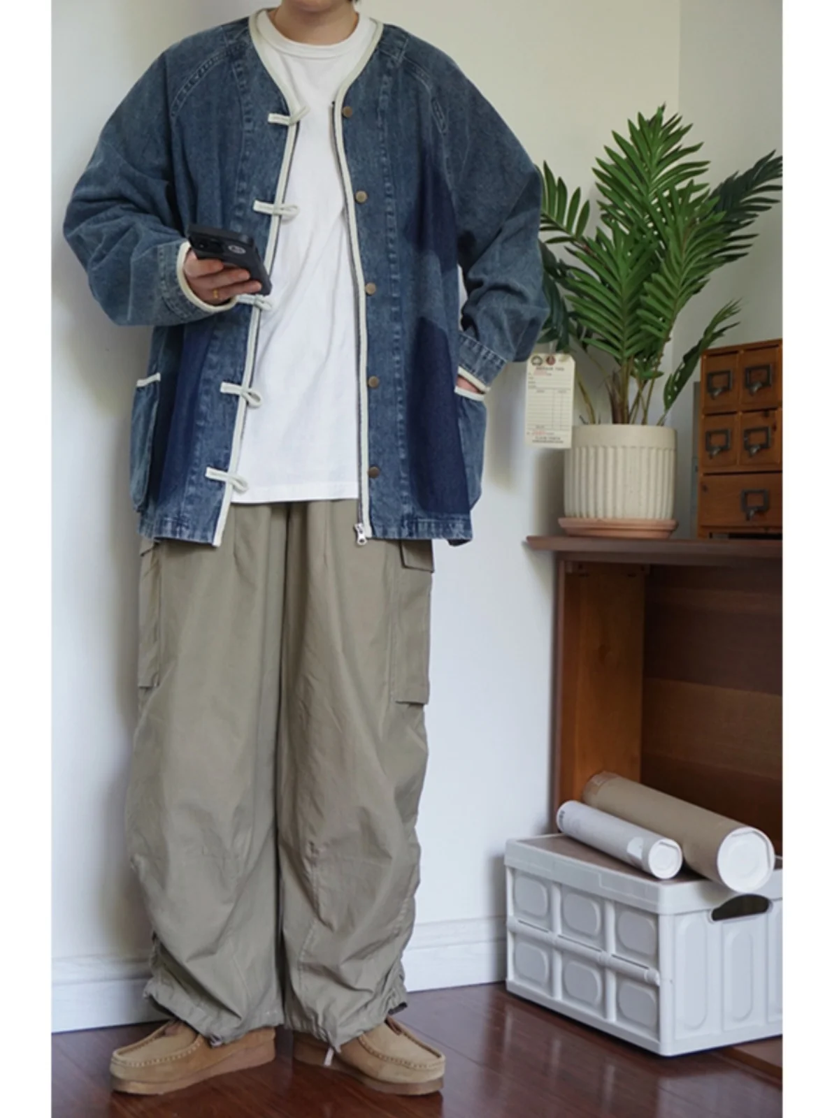 

Early Autumn Loose Fit Men's Denim Jaet Collarl Waed Design Casual Trendy Outerwear round Ne Long Sve Jeans Coat