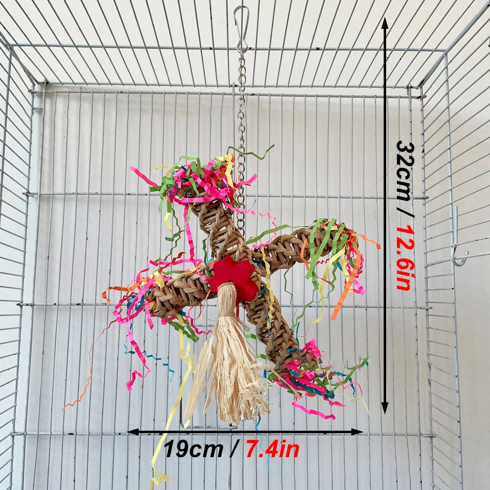 1pc Random Color Rattan Parrot Windmill Chew Toys Hanging Swing Shredder Toys Bird Cage Bite Accessories for Macaws Pet Supplies