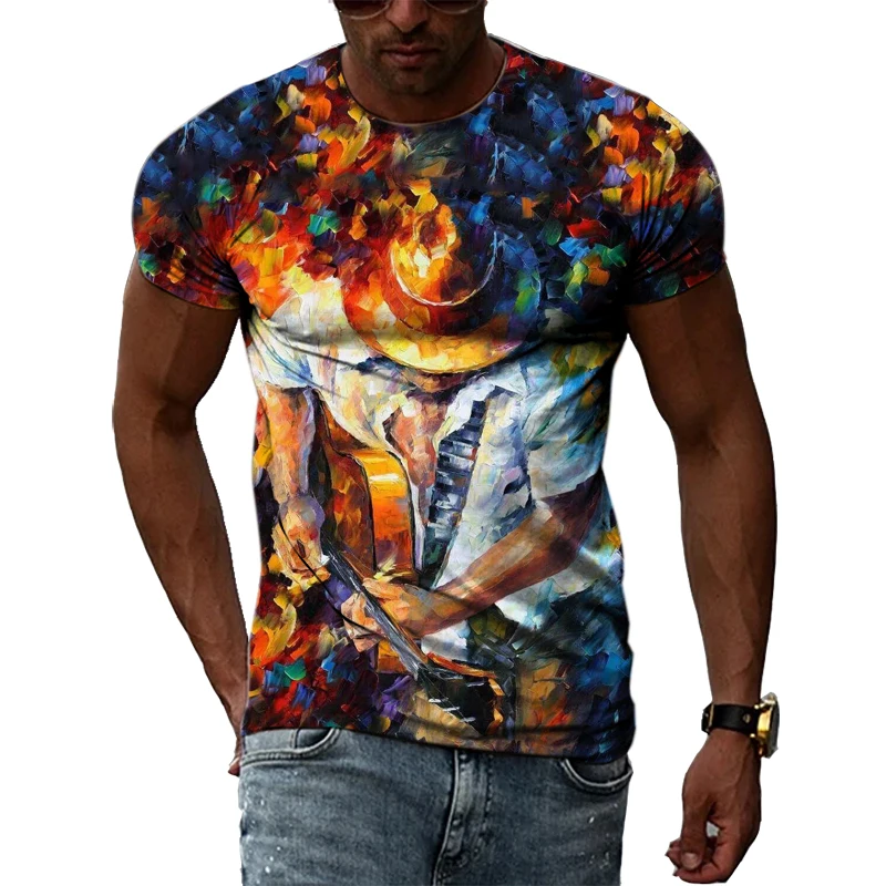 Summer Hip Hop Cool Guitar Musician Graphic T-shirt Men's Casual Large Silhouette 3D Printed O-neck Short Sleeve Shirt Clothing