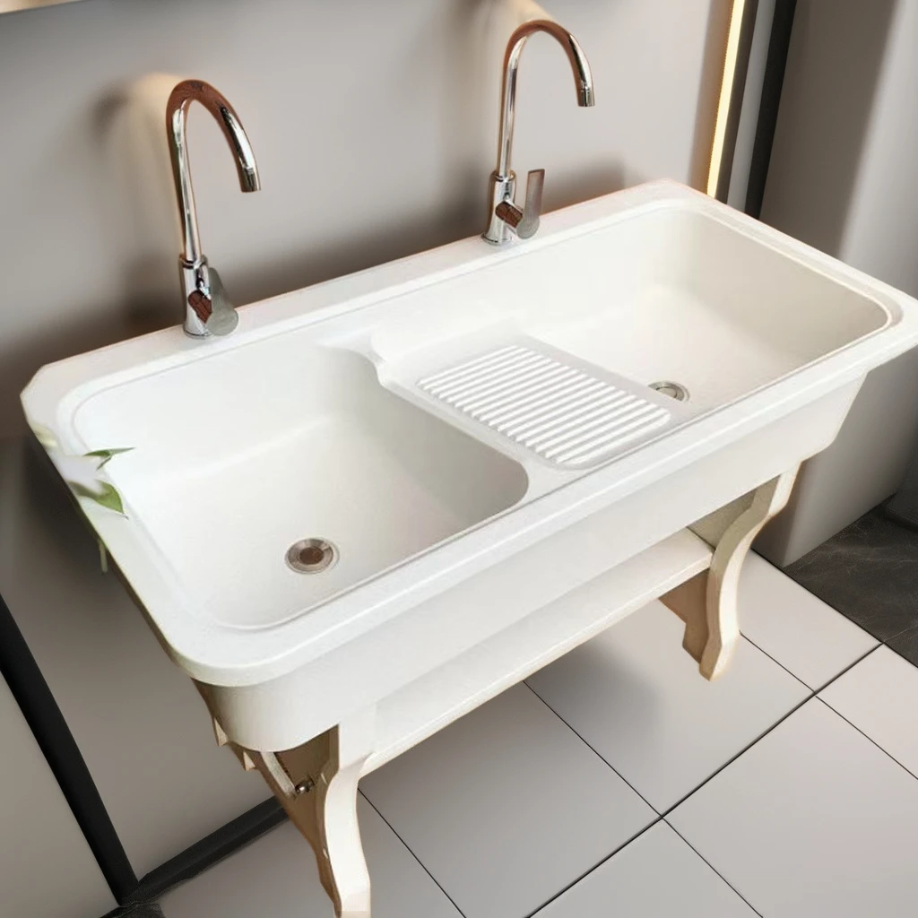 Quartz Stone Double Slot Household Laundry Basin Laundry Basin Washboard Marble Single Hole Faucet Installation Apartment