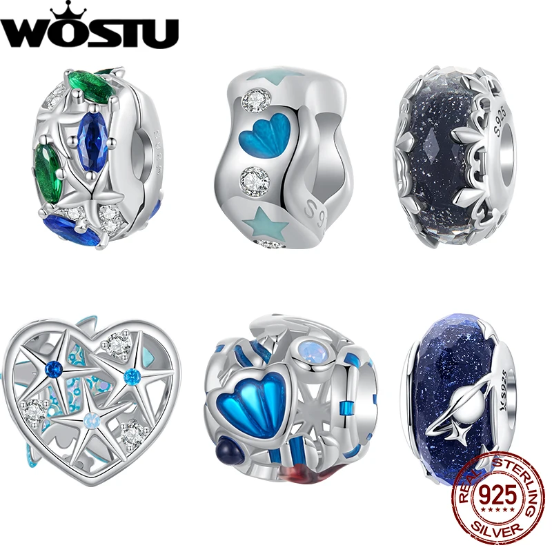 WOSTU 925 Sterling Silver Blue Ocean World Charm Iris Murano Beads Stopper Fit for Women Original Bracelet Romantic DIY Gift