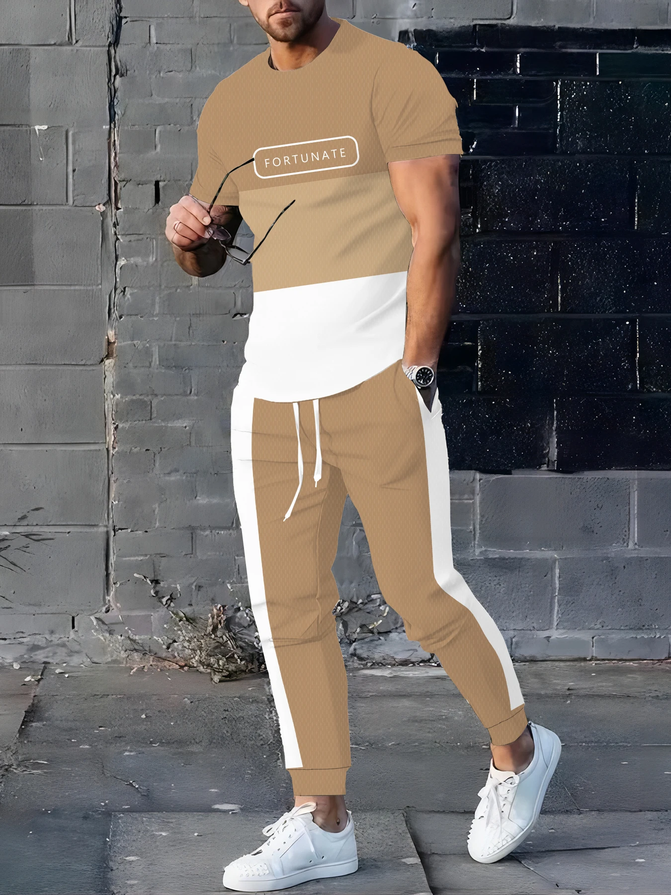 

Summer men's fashionable contrasting printed breathable and comfortable round neck T-shirt and pants set outdoor casual wear